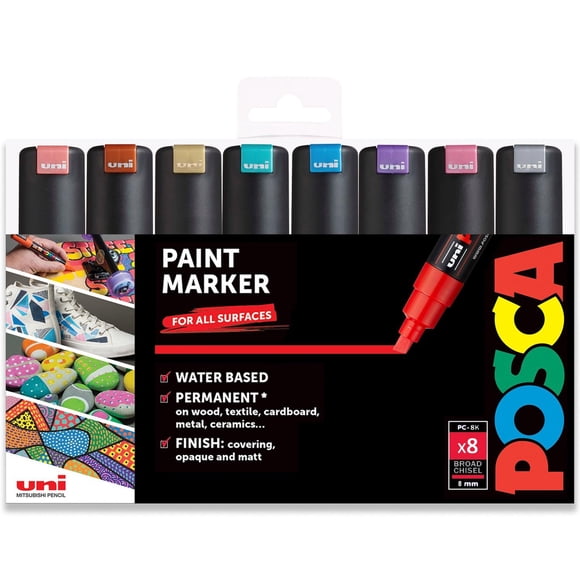 POSCA PC-8K Paint Marker Pen - 8mm Chisel Nib - Wallet of 8 Metallic Colors