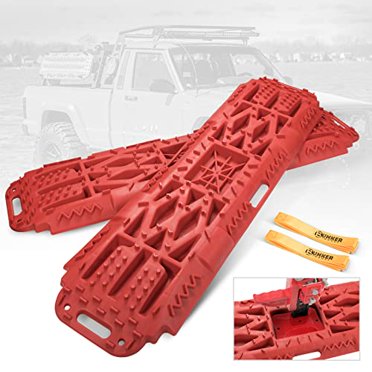 BUNKER INDUST Planches de Traction Tout-Terrain avec Base de Levage à Cric, Pistes de Boue et de Sable, Tapis de Traction pour Pneus Neige, Rampe de Récupération pour Jeep Camion SUV ATV UTV 4X4, Paire de Planches de Traction Rouges