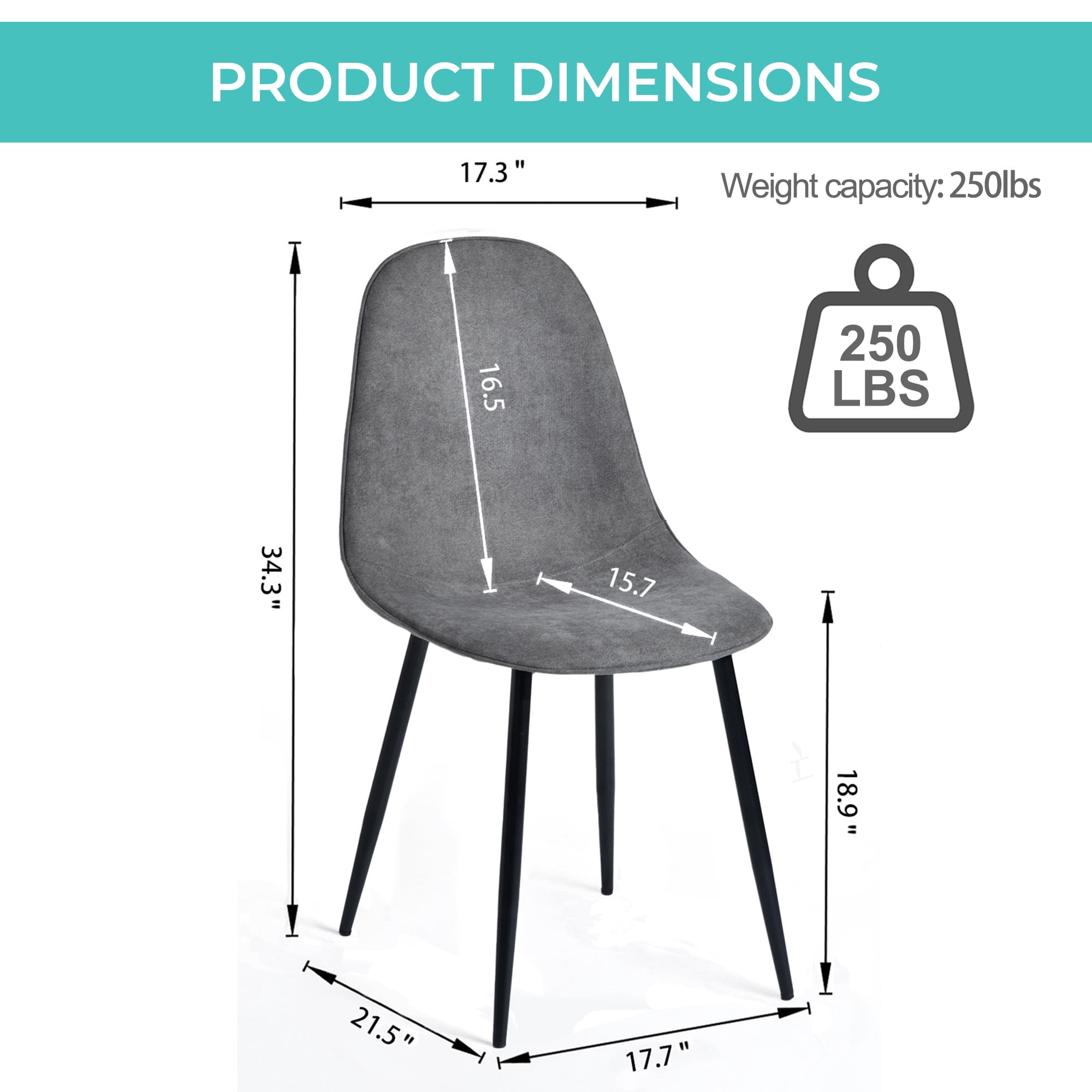 Homy Casa Lot de 4 chaises de salle à manger modernes avec pieds en métal et sièges rembourrés pour cuisine/café, tissu gris