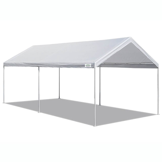 Caravan Canopy Domain 10x20 Foot Straight Leg Instant Canopy Tent Set in white, featuring a durable powder-coated steel frame with a straight-leg design and rising truss style for maximum headroom. The polyethylene canopy top provides 99% UV protection, making it ideal for outdoor events like parties, picnics, or sporting events. Includes six metal stakes for secure setup and adjustable height settings for versatility. Dimensions are 240 x 120 inches with a peak height of 98 inches.
