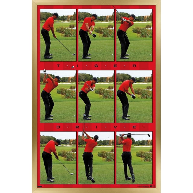 Tiger Woods - Affiche Murale Drive, 22,375 Po x 34 Po, Affichant Neuf images Séquentielles d'Un Golfeur avec une Chemise Rouge et un Pantalon Noir Exécutant une Balançoire Drive sur un Terrain de golf Vert avec des Arbres et des Pièges à Sable, Encadrée d'Une Bordure Rouge avec Texte « Tiger Drive » entre les Rangées, Convient à la Déco Murale de la Maison Ou du Bureau.