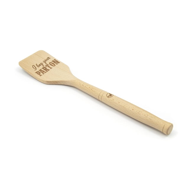 Dolly Parton Tourne-Oeufs en Hêtre avec un Bord Effilé Fin Idéal pour Retourner les Oeufs et Hacher la Viande, Fait de Hêtre Léger durable avec Texte Gravé « I beg your PARDON » sur la Tête de la Spatule et un Petit logo sur la Poignée, Sécuritaire pour Tous les Ustensiles de Cuisson et Recommandé pour le Lavage à la Main.
