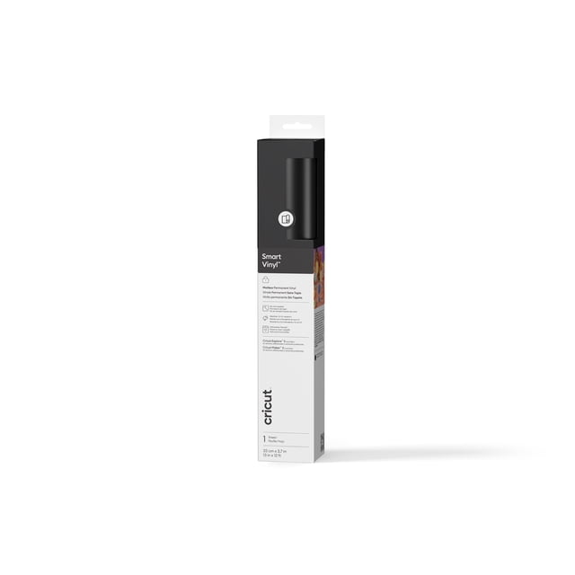 Cricut® Smart Vinyl™ Matless Permanent Vinyl (12 ft), Black roll packaging with black and white design, featuring no mat needed, water- and UV-resistant vinyl ideal for craft vinyl and die cutting projects, sized 13 in x 12 ft (33 cm x 3.7 m) for Cricut cutting machines, also suitable for personalized outdoor signs and water bottles.