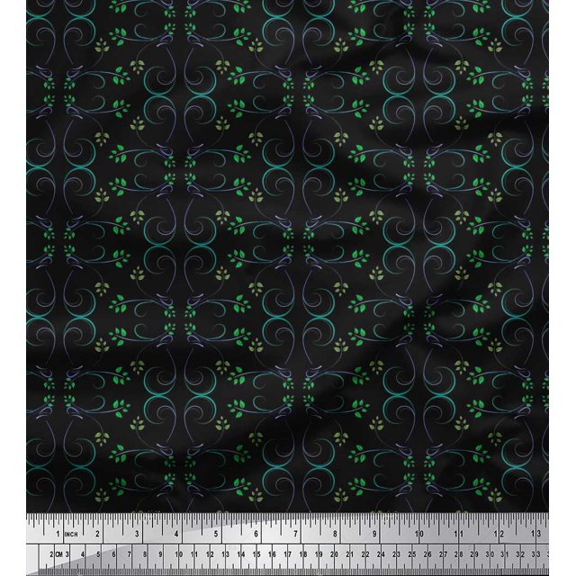 Soimoi Black Poly Georgette Fabric Leaves & Filigree Damask Decor Fabric Printed Yard 52 Inch Wide
