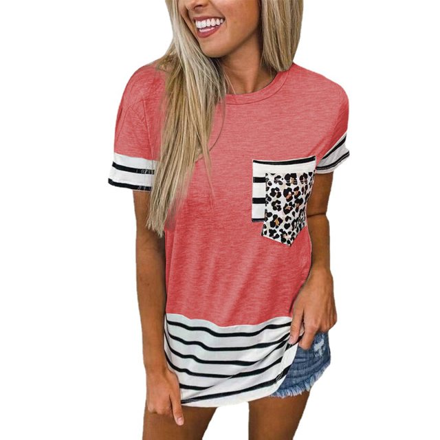 Nouveau T-Shirt Décontracté pour Femmes Manches Courtes Hauts Imprimé Rayé Patchwork Col Rond Tee Grande Taille Poches Blouse Ample