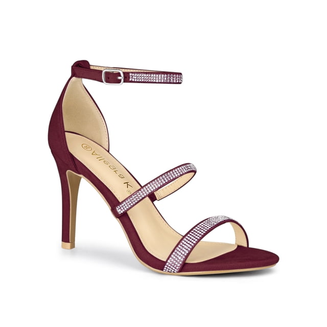 BLISSFUL STEP Women's Rhinestone Ankle Strap Stiletto High Heels Sandals Burgundy (Size 5)