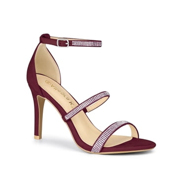 BLISSFUL STEP Women's Rhinestone Ankle Strap Stiletto High Heels Sandals Burgundy (Size 5)