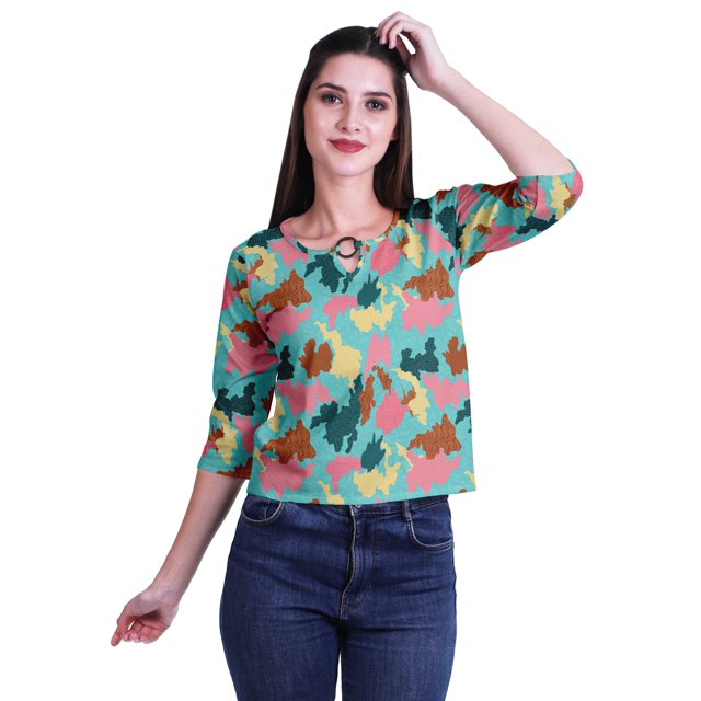 Moomaya Printed Keyhole Neck Ring Top Casual 3/4th Sleeve Tees Tank Tunic Top