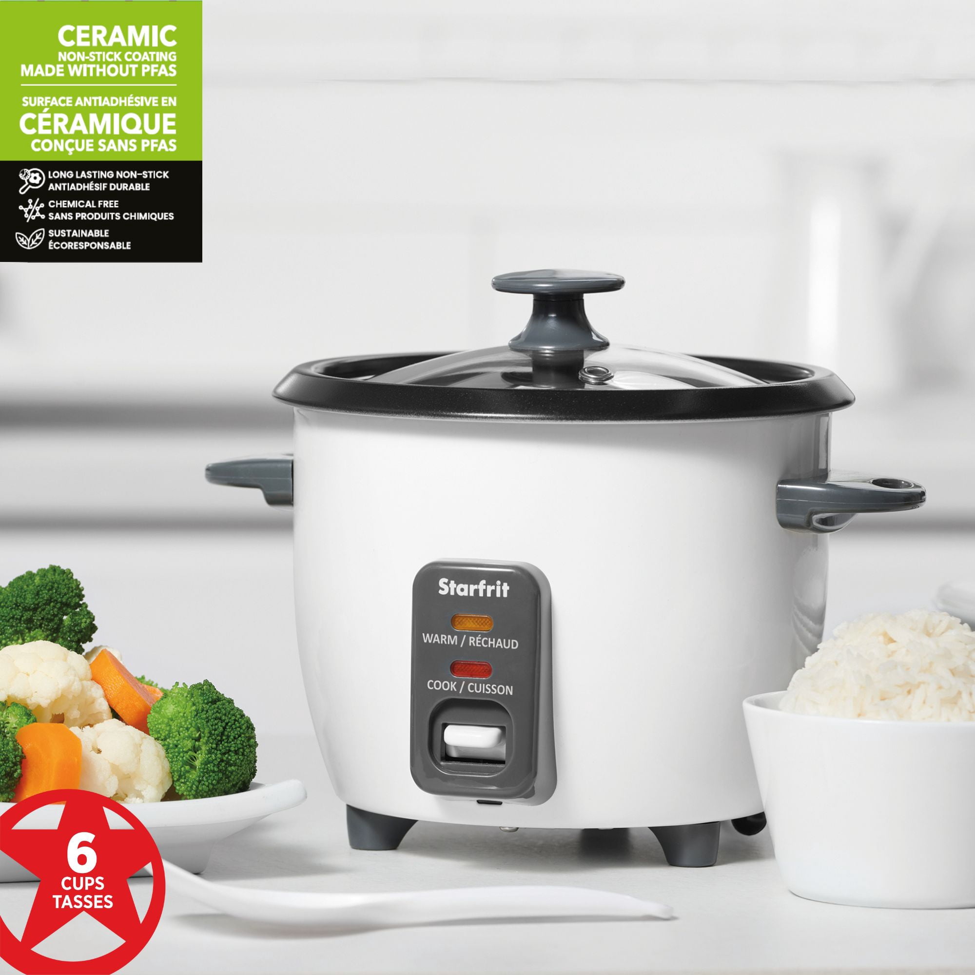 Starfrit Cuiseur à riz 6 tasses, Revêtement Céramique Antiadhésif sans PFAS, Fonctions Cuisson et Réchaud, Panier Vapeur, Couvercle inclus, 300W, Facile à nettoyer