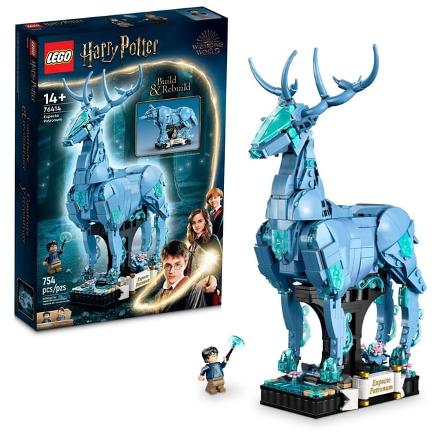 LEGO Harry Potter Expecto Patronum 76414 Collectible 2 in 1 Building Set, Build and Display Patronus Set for Teens and Fans of the Wizarding World, Harry Potter Christmas Gift Idea Buildable stag or wolf Patronus with translucent light-blue elements, posable legs and an integrated display stand (set measures over 29 cm high), includes Harry and Remus Lupin minifigures and 754 pieces; suitable as a shelf display for fan collections.