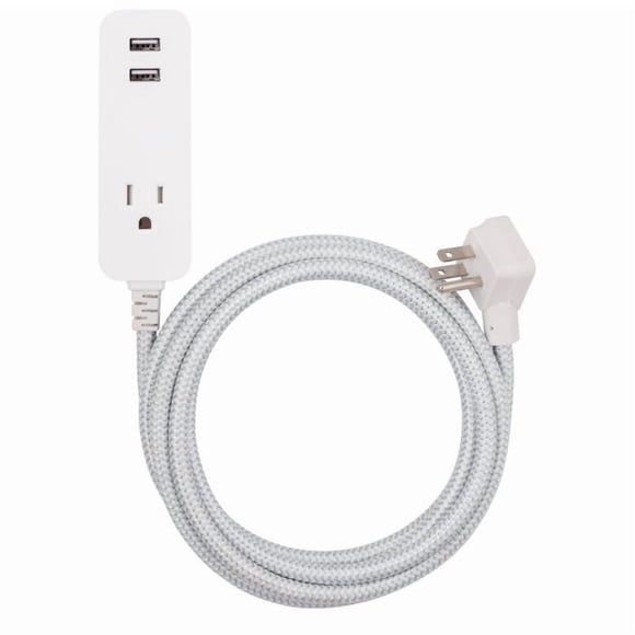 Jasco Extension Cord 37917 Cordinate; 3 Prong/1 Grounded Outlet With 2 USB Port; 2.4 Amp; 10 Foot Length; White/Gray; Without Plug Head Handle; UL Approved; With Surge Protection