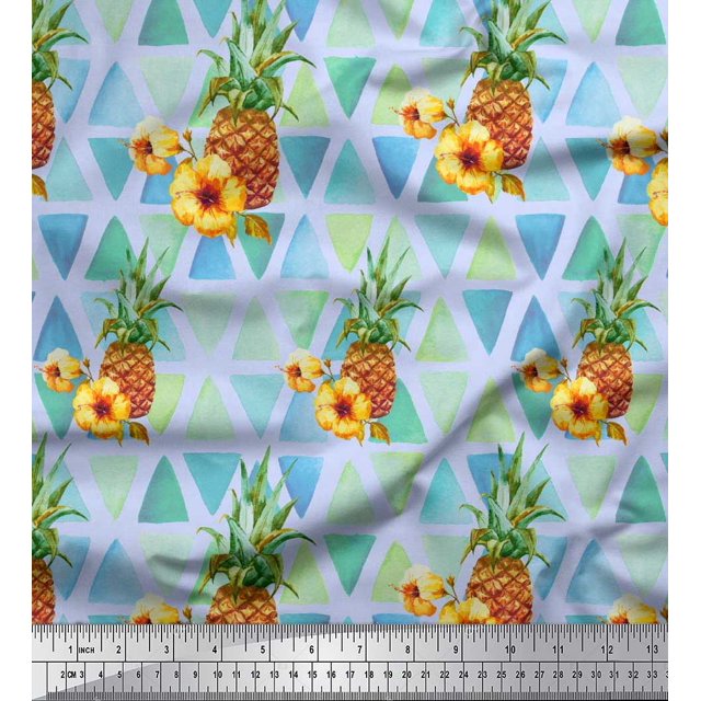 Soimoi Blue Cotton Poplin Fabric Triangle & Pine Fruits Print Sewing Fabric Yard 56 Inch Wide