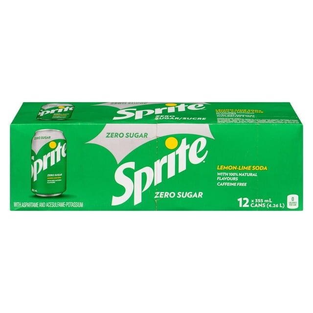 Sprite Zero Fridge Pack Cans, 355 mL, 12 Pack featuring a green box with the white Sprite logo and yellow dot, zero sugar lemon-lime soda with 100% natural flavours and caffeine free, containing twelve 355 mL cans, ideal for refreshing hydration with meals or on the go.