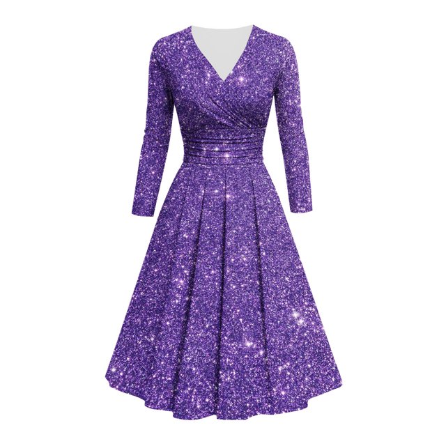 Offre à Durée Limitée Iumwxz Robe à Manches Longues Col en V pour Femmes Tunique Robe de Performance Robe Imprimée Brillante Robes Longues pour Femmes Robe Ample et Fluide pour la Rue