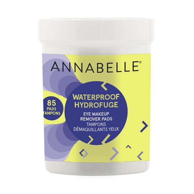 Annabelle Long Wear & Waterproof Eye Makeup Remover Pads container with 85 pads in a white jar featuring a yellow and purple label highlighting waterproof, hydrophobic formula for effective daily makeup removal.