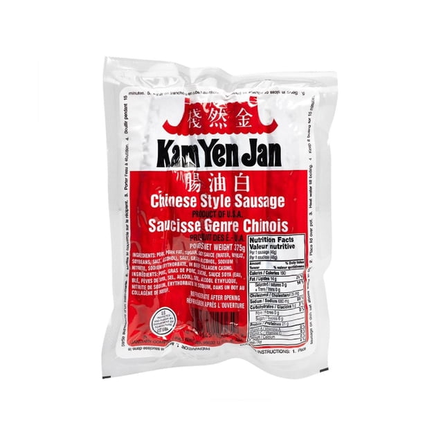 KYJ Chinese style sausage pork Kam Yen Jan 375g pack with red and white packaging showing nutrition facts and ingredients, authentic sweet and savoury cured pork sausage suitable for stir-fries, rice dishes, noodles, and soups.