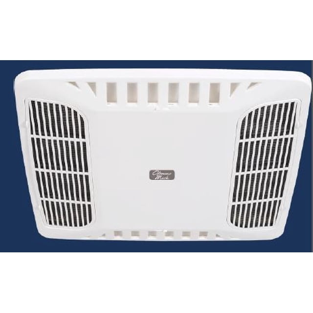 Coleman Mach Air Conditioner Ceiling Assembly 8430A6301 DELUXE CHILLGrille in white, designed for use with Coleman Mach air conditioners. Features straight-thru in-roof ducting and front/back air discharge. The low-profile EURO styling provides a modern look, with louvers that can channel cold air directly into the RV interior or divert it through the in-roof duct system. Includes pop-out retainer grilles for easy access to washable air filters. Suitable for use with a wall thermostat and does not include a control box.