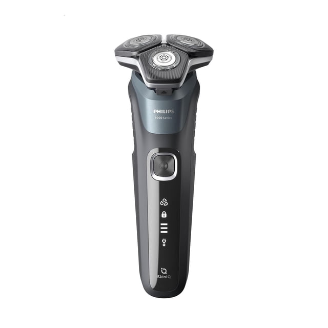 Philips Shaver Series 5000, Rasoir Électrique Humide et Sec avec Dosette de Nettoyage Rapide Sans Câbles, Rasoir Sans Fil Centré S5882 pour l'Avant avec Trois Têtes Rotatives Circulaires, Boîtier Noir Mat et Argent, Prise en Caoutchouc Texturée, Bouton d'Alimentation visible et Dosette de Recharge/nettoyage Rapide Compacte sur Fond Blanc. Les Spécifications Notent une Utilisation Humide/sèche et jusqu'à 60 minutes d'Autonomie Sans Fil; Utilisé Souvent pour des Voyages Compacts en Toilettage.