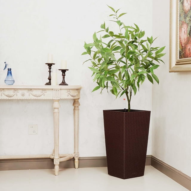 Edtara Large Rattan Flower Pots, 22.4" Planters With Trays, Wheels, and Water Level Monitor for Indoor and Outdoor Decor