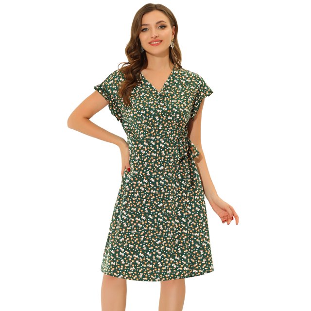 INSPIRE CHIC Robe Portefeuille à Volants et Poignets à Fleurs pour Femme Vert Foncé S