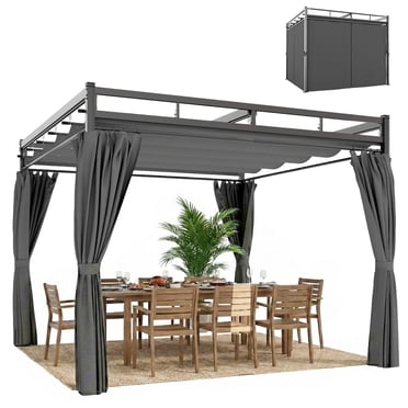 Outsunny 10' x 10' Outdoor Gazebo, Retractable Pergola Canopy with Curtains