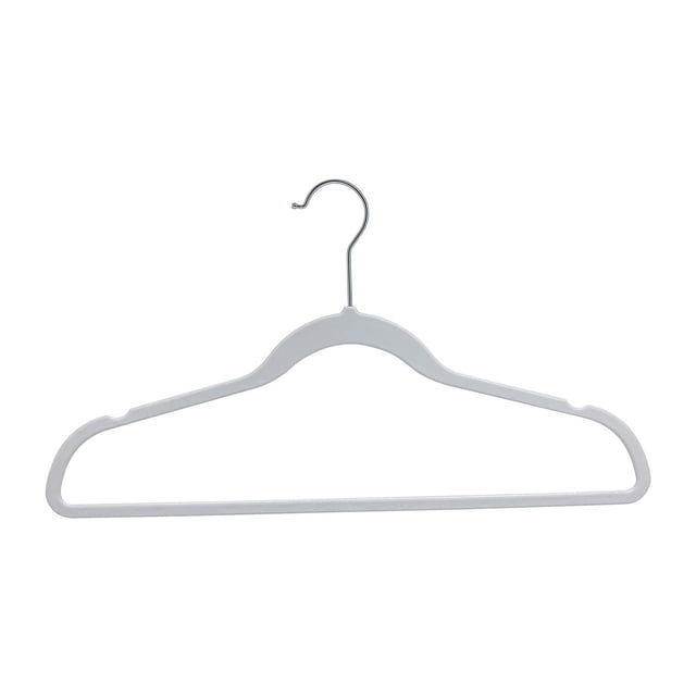 Mainstays-Adult 10PK Slim Hanger, Non-Velvet Plastic Hangers for Clothes, White Color, slim white plastic hanger with 0.2-inch thickness and smooth finish, featuring a 360-degree swivel metal hook and notched shoulders to keep clothes secure, ideal for maximizing closet space in clothing organizers and closet storage.
