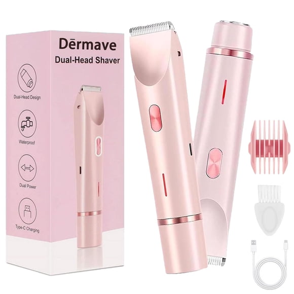 Dermave Shaver Bikini Shaver - Trimmer 2.0 for Women, 2 in 1 Electric Dual Head Razors, Ipx7 Waterproof, USB Charging, Painless Hair Removal for Private Area/Facial/Pubic/Hair Body