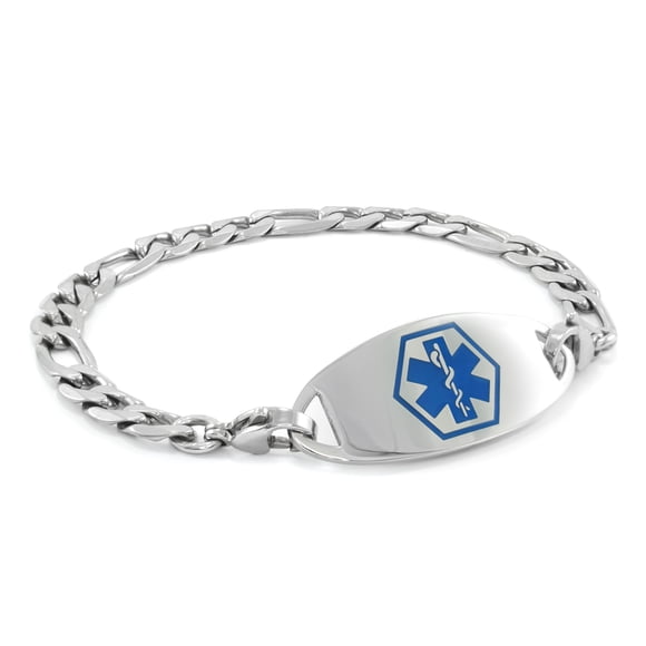 MedicEngraved Surgical 316L Stainless Steel Medical ID 7mm Figaro Link Bracelet with Enamel Medical Tag - Medical Engraving Included