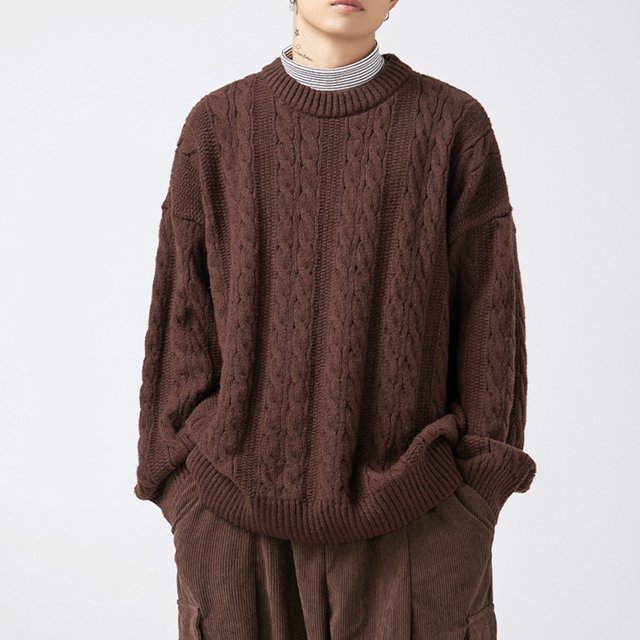 Cameland Chandail d'Hiver Épais Décontracté Mode Couleur Unie Texture Manches Longues Col Rond pour Hommes