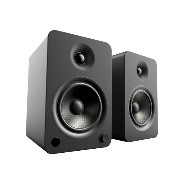 Kanto YU6MB 100W powered bookshelf speakers in matte black finish, featuring Bluetooth aptX technology, phono preamp, and woven Kevlar drivers. The speakers have a modern rectangular design with silk dome tweeters and a simple interface, ideal for computer peripherals or home audio setups.