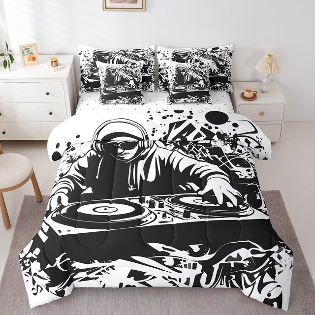 DJ Controller Comforter Set 7 Piece Bed in a Bag Twin,Black and White Bedding Sets Hippie Pop Music Sheet Set with Comforter,Hip Hop Rock Musical Theme Bed Set