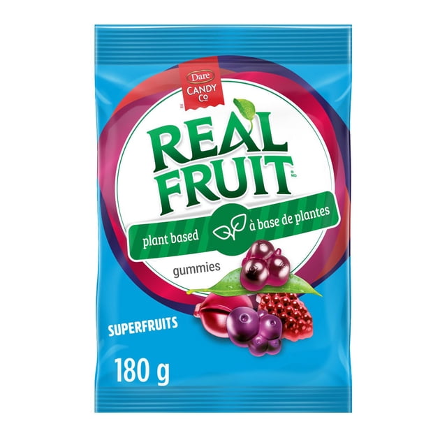 REALFRUIT Gummies Superfruits Candy by Dare Real Fruit, 180g blue package of plant-based, gelatin-free gummies with black currant, cranberry, blackberry, and blueberry flavors, made with real fruit and suitable for vegan, gluten-free, and peanut-free diets, ideal for a sweet snack or post-workout reward.