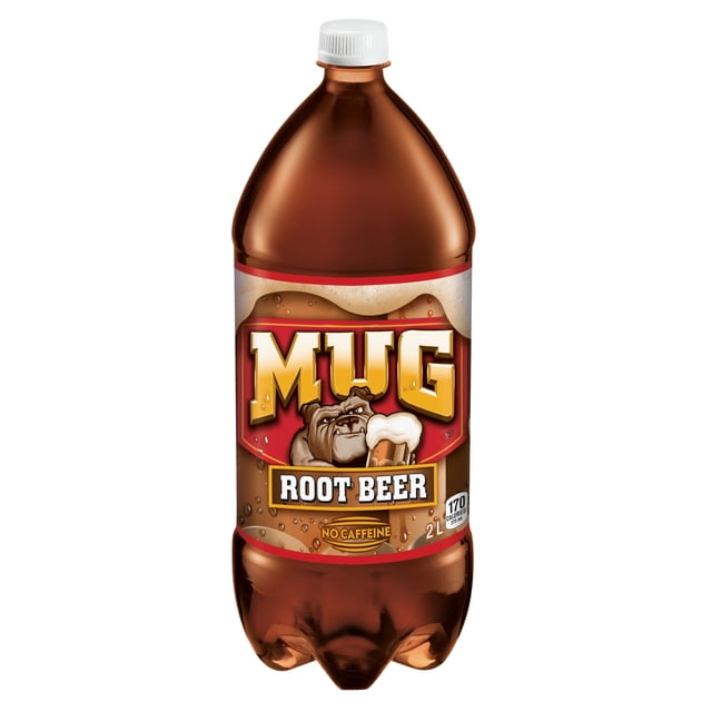 Mug Root Beer No Caffeine 2 L bottle with brown plastic body and white cap, featuring a red label with a bulldog holding a frothy mug, highlighting its creamy vanilla flavor and caffeine-free formula, ideal for family meals or root beer floats.