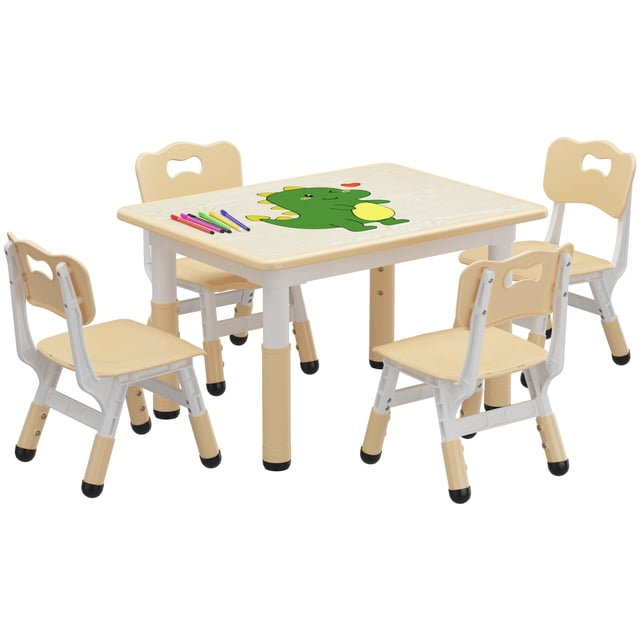 Kids Table and 4 Chairs Set, Height Adjustable Toddler Table and Chairs Set for Ages 2-10, Graffiti Desktop, Non-Slip Legs, Children Table for Daycare Home