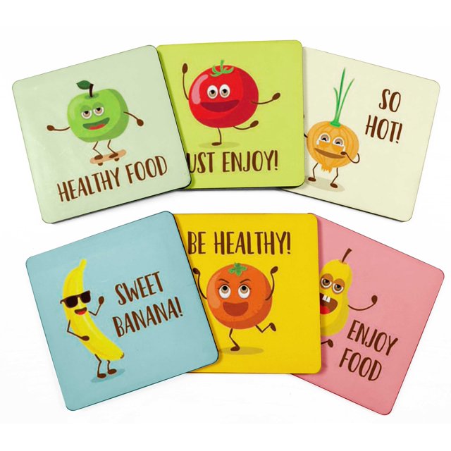 Inkdotpot Ensemble de 6 sous-Verres à Boisson Faciles à Nettoyer Base en Liège Carrée de 4 Pouces - Réutilisable - Fruits et Légumes