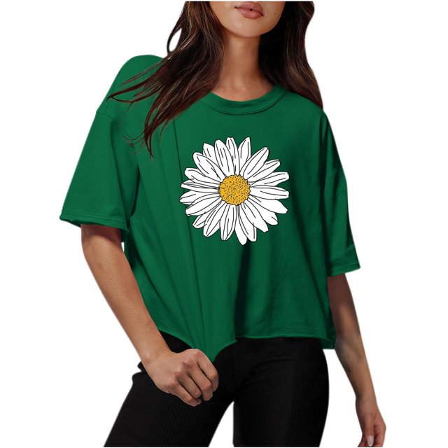 Women Drop Shoulder Round Neck Oversized Crop Tops Workout Tops Tees