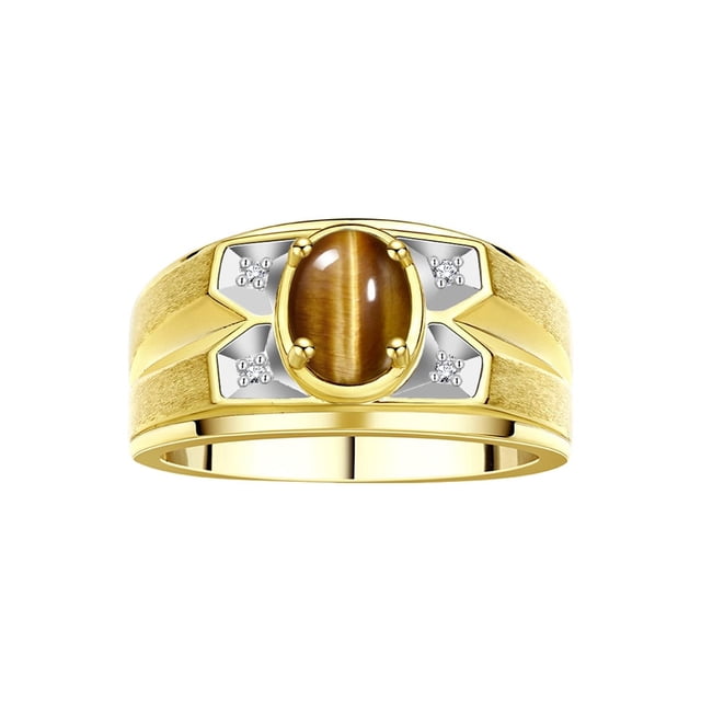 RYLOS Men's Rings Yellow Gold Plated Silver Rings Classic Designer Style 8X6MM Gemstone & Diamond Ring Tiger Eye November Birthstone Rings For Men, Size 9