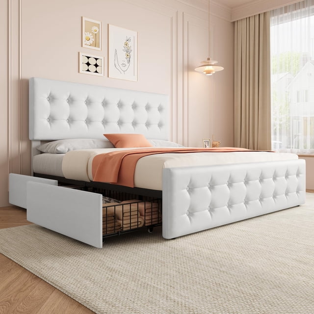 Bed Frame with 4 Storage Drawers and Adjustable Headboard, Upholstered Mattress Foundation with Skin-Frienly Linen, No Box Spring Needed