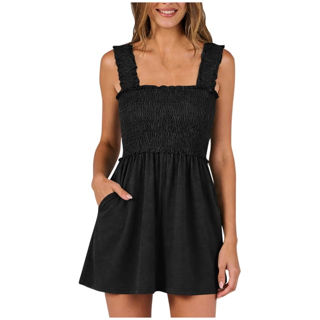 RXMEKW Strapless Smocked Jumpsuit with Ruffle Straps for Women Wide Leg Short with Pockets Olive