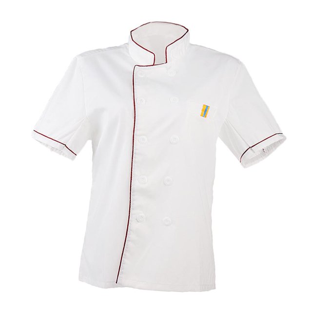 Esquirla Unisexe Hommes Femmes Manteau de Chef à Manches Courtes en Coton Veste d'Uniforme de Chef Vêtements de Cuisinier TTG. Ce Manteau de Chef Blanc Présente des Manches Courtes, un design à Simple Boutonnage avec Boutons Décoratifs, et une Poche Poitrine Gauche. Fabriqué en Coton Respirant, à Séchage Rapide et Infroissable, Il Est Idéal pour restaurant, Hôtel Ou Autres Environnements de Travail de Cuisine. le Manteau Comprend des accents de Passepoil Rouges le Long du Col et des Manches pour un Style Professionnel.