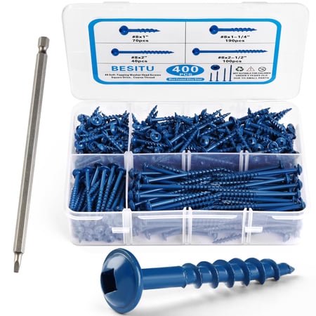 Besitu 400Pcs Pocket Hole Screws Assortment Kit, 4 Sizes #8 x 1, 1-1/4", 2", 2-1/2" Coarse Thread Wood Screws with Square Drive, Blue Anti-