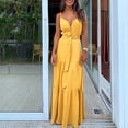 thumbnail image 1 of CEHVOM Robe de Mode pour Femmes à Bretelles, Col en V, Unie, Longue, Boutonnée, avec Ceinture, 1 of 1