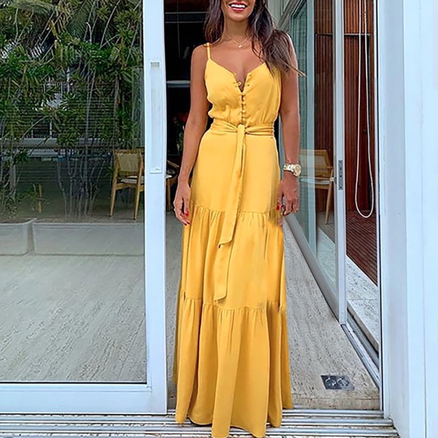 CEHVOM Robe de Mode pour Femmes à Bretelles, Col en V, Unie, Longue, Boutonnée, avec Ceinture