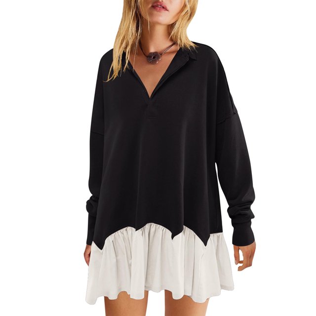 DPTALR Women's Fashionable Long Sleeved Button Up Collared Sweatshirt Dress