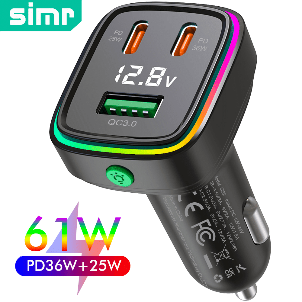 60W Fast Car Charger USB C Quick Charging Adapter PD 36W Fast Charging with Led Light and Voltage Display for iPhone16 15 X Samsung