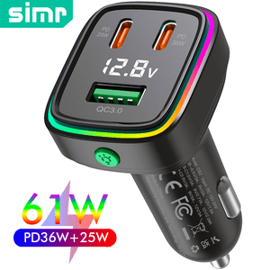 60W Chargeur de voiture rapide USB C Adaptateur de charge rapide PD 36W Chargement rapide avec lumière LED et affichage de tension pour iPhone16 15 X Samsung