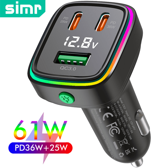 60W Fast Car Charger USB C Quick Charging Adapter PD 36W Fast Charging with Led Light and Voltage Display for iPhone16 15 X Samsung