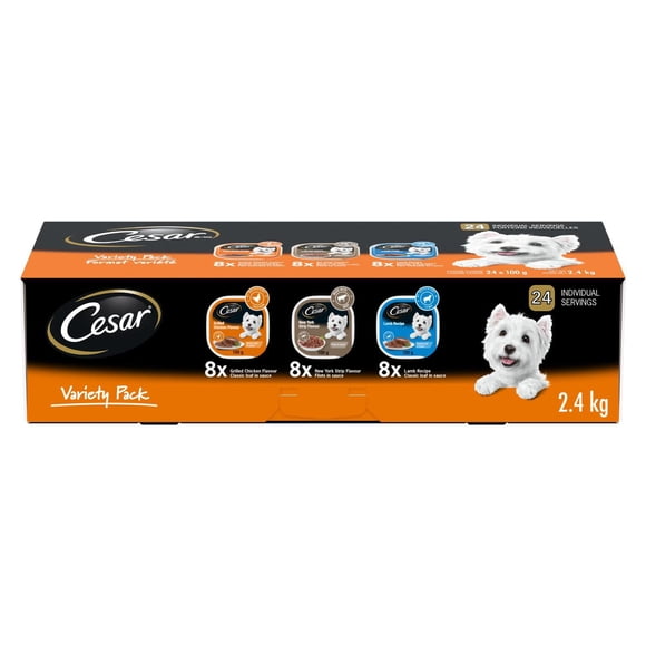 CESAR Variété de Nourriture Humide pour Chien Pain Classique en Sauce, avec 8 Poulet Grillé, 8 Saveur de Bifteck New York & 8 Recette d'Agneau, Cuvettes Lot de 24
