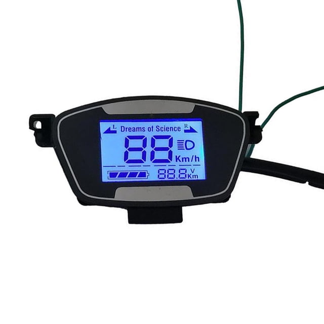 Ebike Scooter LCD Display Motor Speedmeter Screen Electric Bike 48-72V E-Bike. A black digital display with a blue backlit screen showing speed in km/h, voltage, and other indicators. Designed for electric bikes, scooters, and tricycles, it features a 6-pin interface with labeled wires for left turn, right turn, positive and negative electrodes, velocity, and headlight. Compact and durable, suitable for 48V, 60V, and 72V systems.