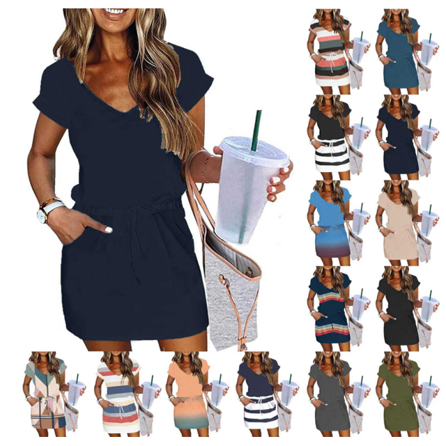 QATAINLAV Robes d'Été pour Femmes 2025 Été Décontracté Cordon Taille Élastique Col en V Robe Mini Tendance Robe T-Shirt à Rayures avec Poches Noir m